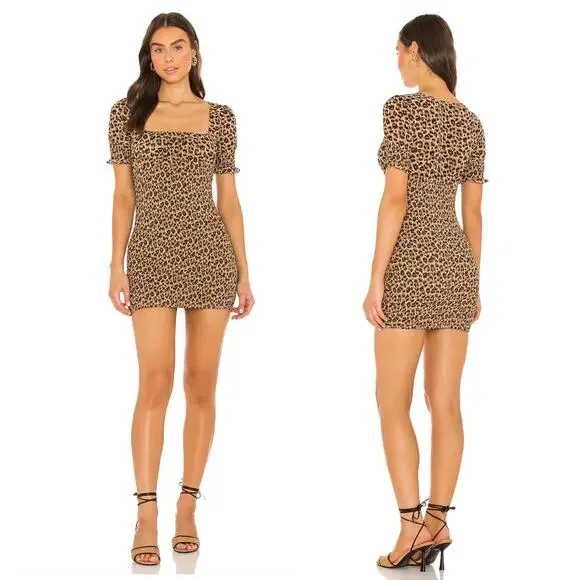 Majorelle Lexi‎ Smocked Mini Dress Leopard Animal Print Tan Black Sz L
